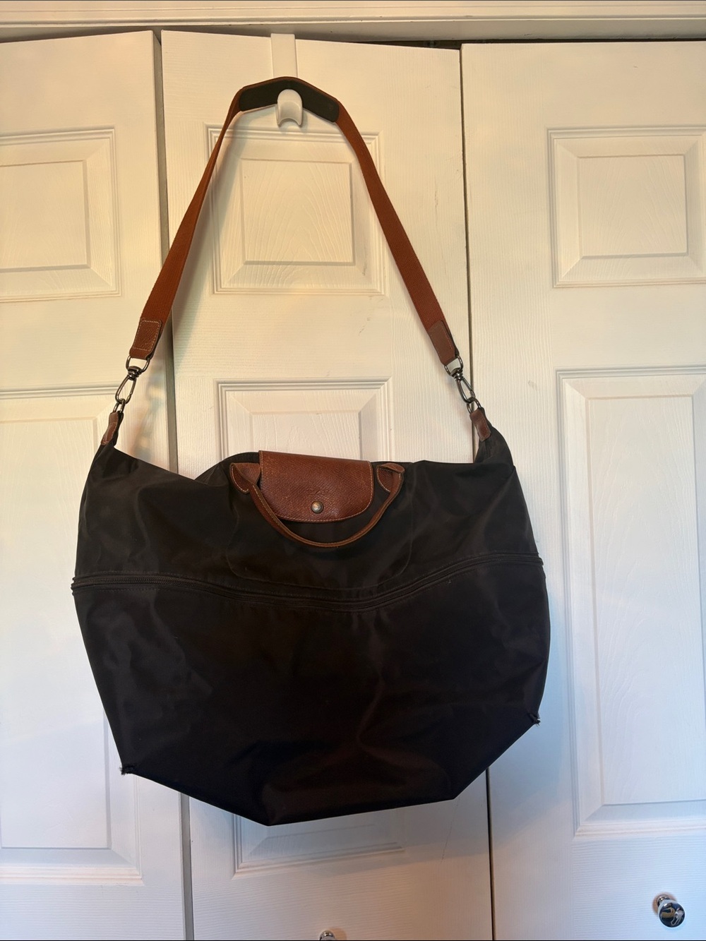Longchamp Expandable Black Nylon Travel Tote with Brown Leather Trim